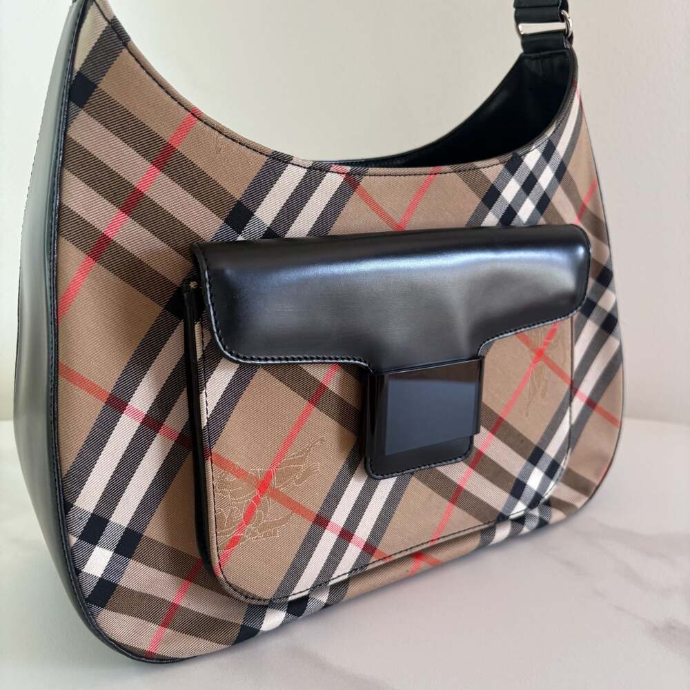 Burberry Nova Check Canvas & Black Leather Front Pocket Buckle Hobo Bag - Picture 2 of 16